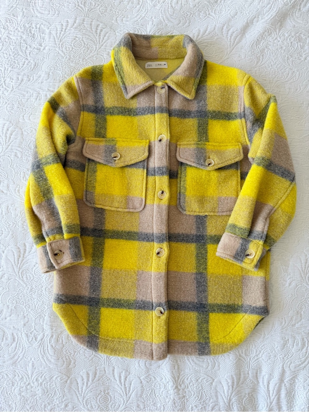Zara Yellow Plaid Kids Pea Coat 13-14 y.o.